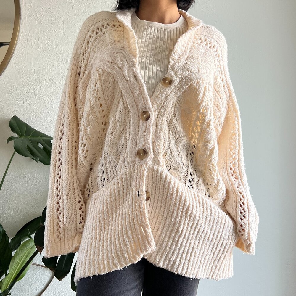 Free People Oversized Cable Knit Cardi in Ivory small Preppy Academia Cardigan - Picture 6 of 12